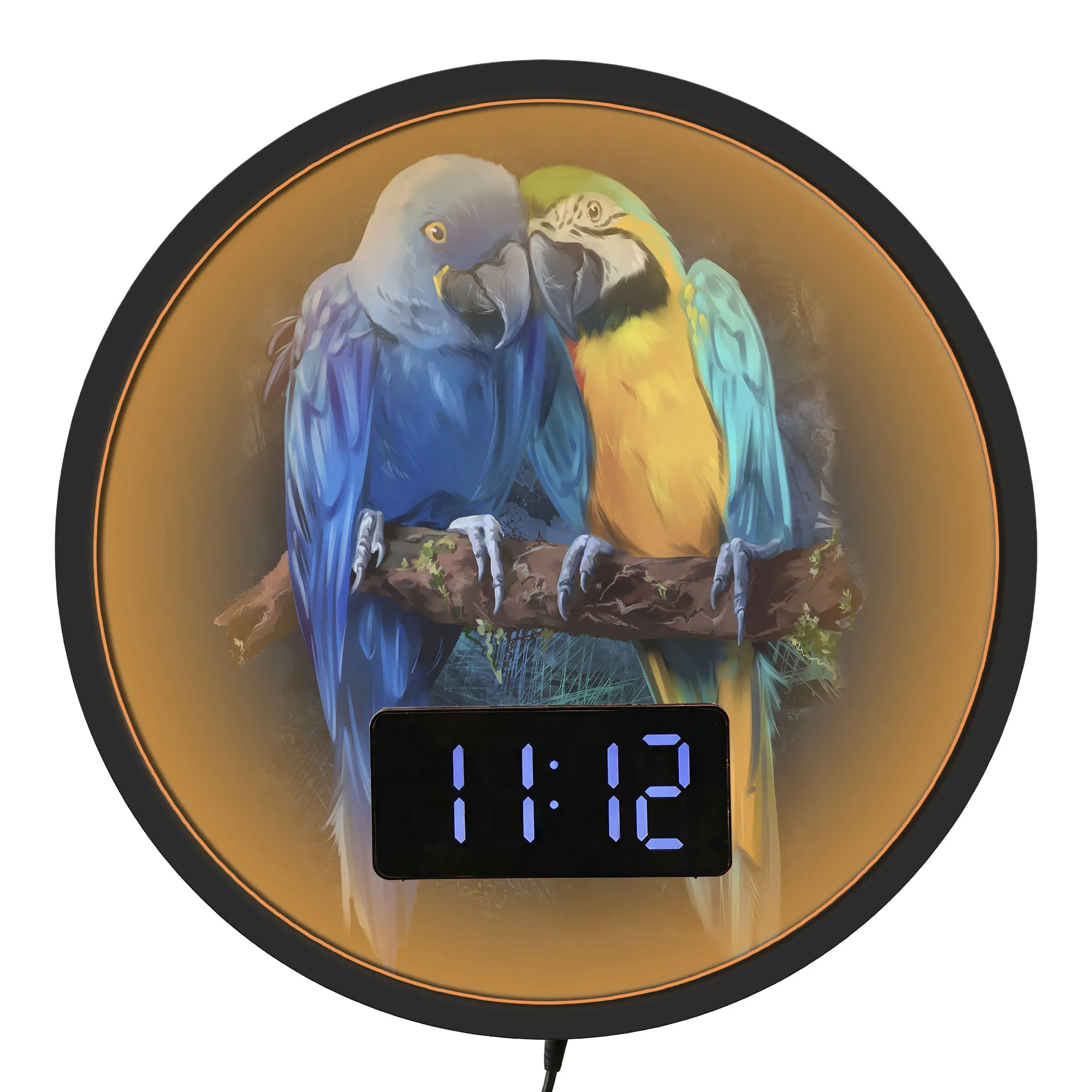 Macaw Parrots LED Digital Wall Clock With Room Temperature Readout Calendar Date Alarm Snooze Exotic Bird Illuminated Wall Clock