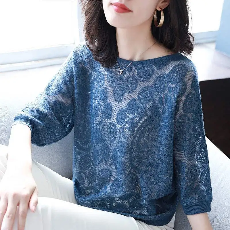 Oversize Versatile Temperament Women's Top Autumn and Winter New Hollowed Out Round Neck Half Sleeve Solid Color Pullover Shirt