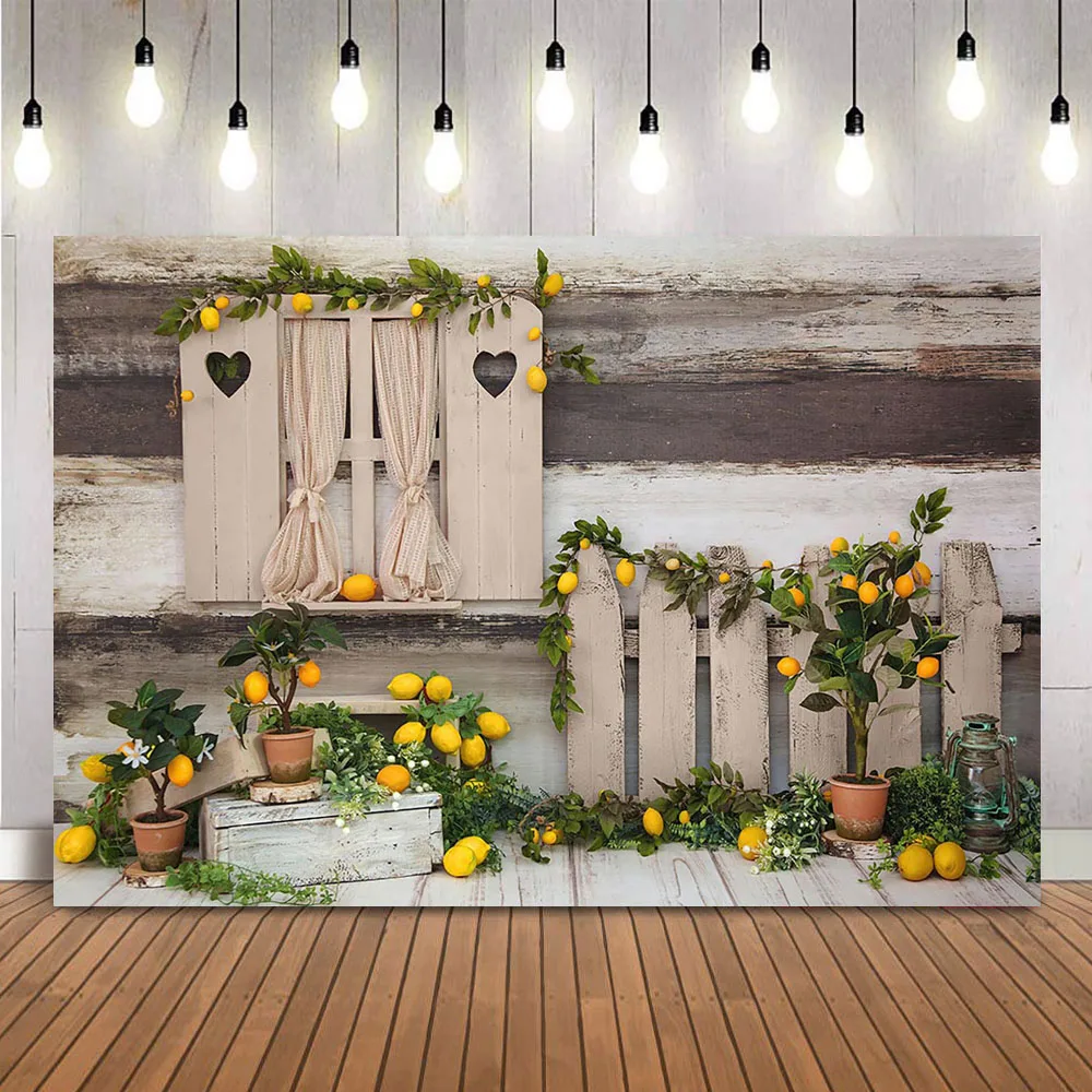 Lemon Theme Backdrop for Photography Newborn Children Birthday Theme Party Decorations Wood Board Green Leaves Supplies