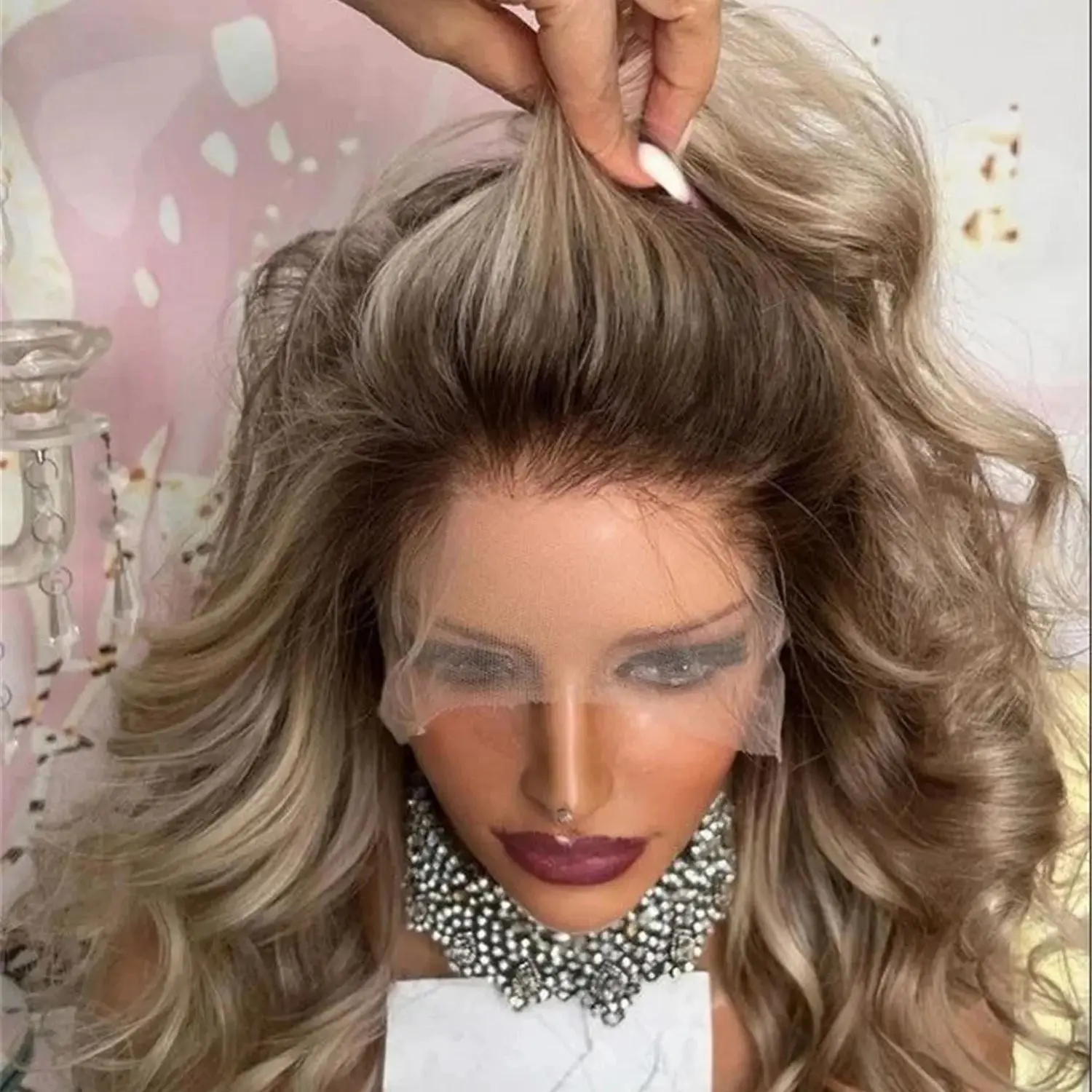 Ash Blonde Ombre Lace Front Wig Loose Deep Wave Synthetic Hair Wig for Women Heat Resistant Fiber Balayage Premium Wig Top Sale