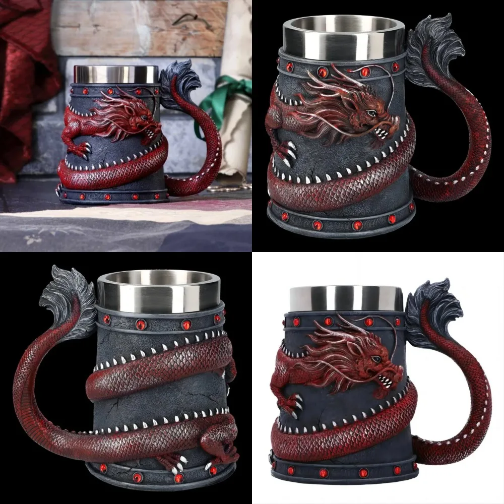 

Elegant and sophisticated Large Capacity Red and Gold Retro Dragon Stainless Steel Coffee Mug with Stylish 3D Design - Perfect f