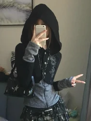 2024 Autumn Punk Vintage Patchwork Hoodie Sweaters Y2k Slim Fit Long Sleeve Knitted Tops Mujer New Cardigan Coat Sweatshirts