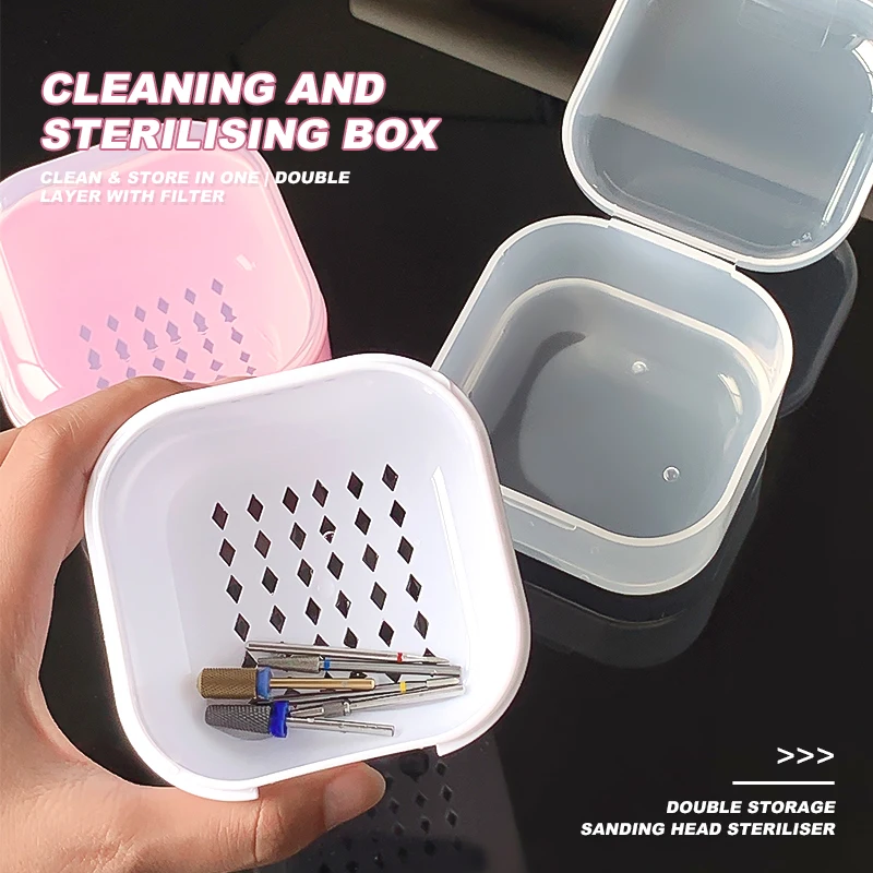 1 Box 8.2X6.9 CM Square Double-layer Nail Drill Bits Disinfection Box White And Pink Reinforced Cleaning Nail Sterilization Box