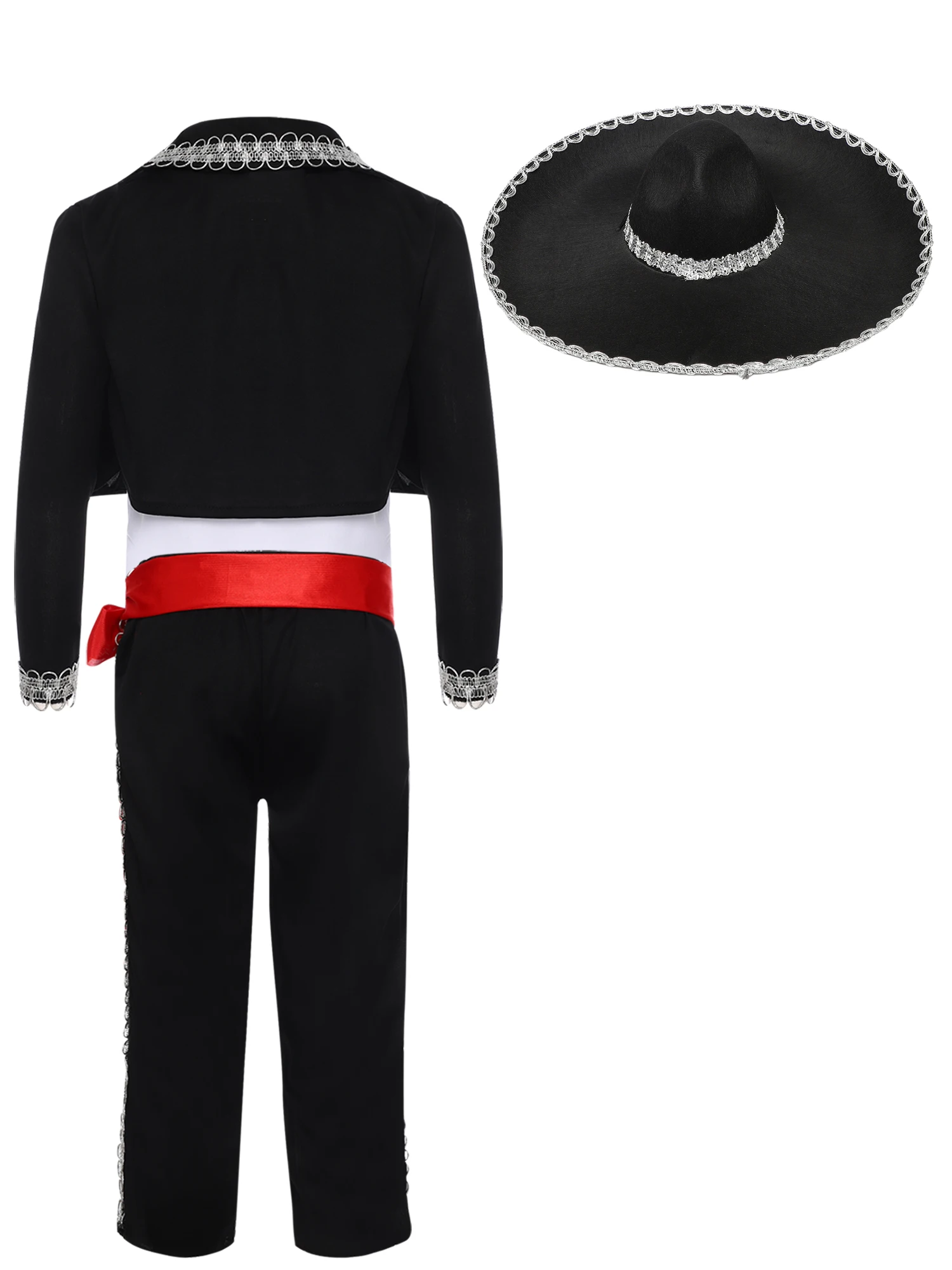 5Pcs Kids Traditional Mariachi Dress Up Costume Halloween Mexican Cosplay Vest Pants Jacket Waistband And Hat Performance Set