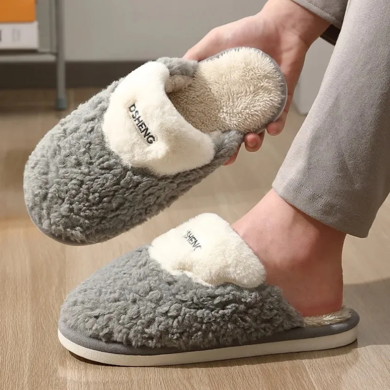 Home Fuzzy Slipper Women Winter Warm Fur Contton Plush Non Slip Grip Indoor Lazy Female Floor Shoe Flat Furry Male Men Footwear