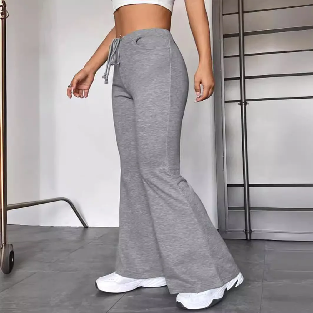 กางเกงขายาวลำลองสำหรับผู้หญิง ใส่เล่นโยคะ ออกกำลังกาย หรือใส่เดินเล่น ดีไซน์ต่อผ้าแบบ Bell Bot สวมใส่สบาย เอวยางยืด ผลิตจากเส้นใย