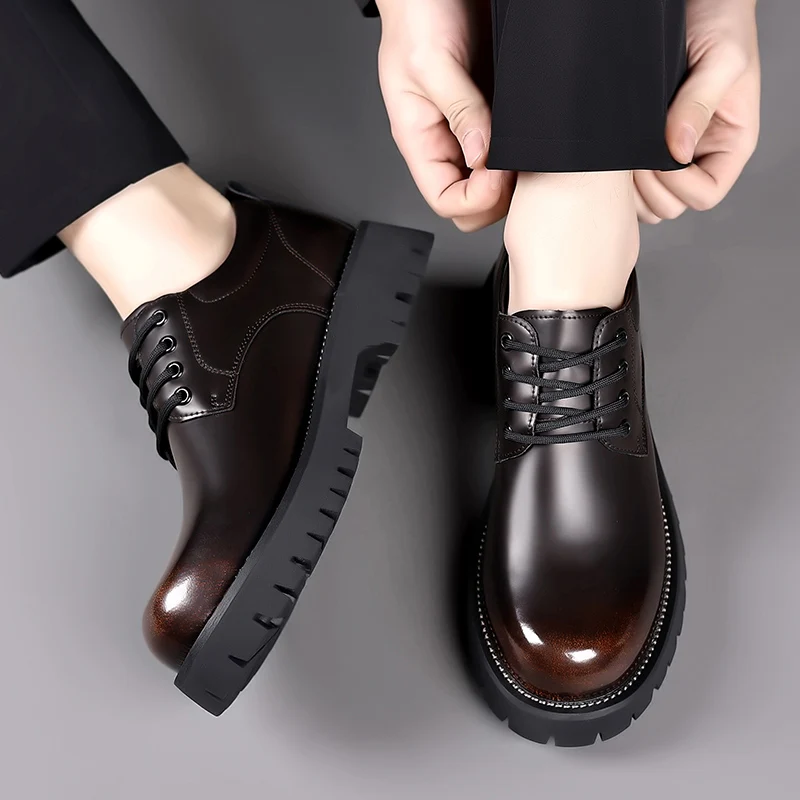 Spring Men New Retro Casual Big Head Leather Shoes Polished Color Leather Shoes High Quality Men Thick Sole Lacing Leather Shoes