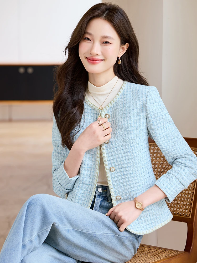 Giacca da donna alla moda da donna color albicocca, kaki, blu, con scollo a O, giacca casual da donna