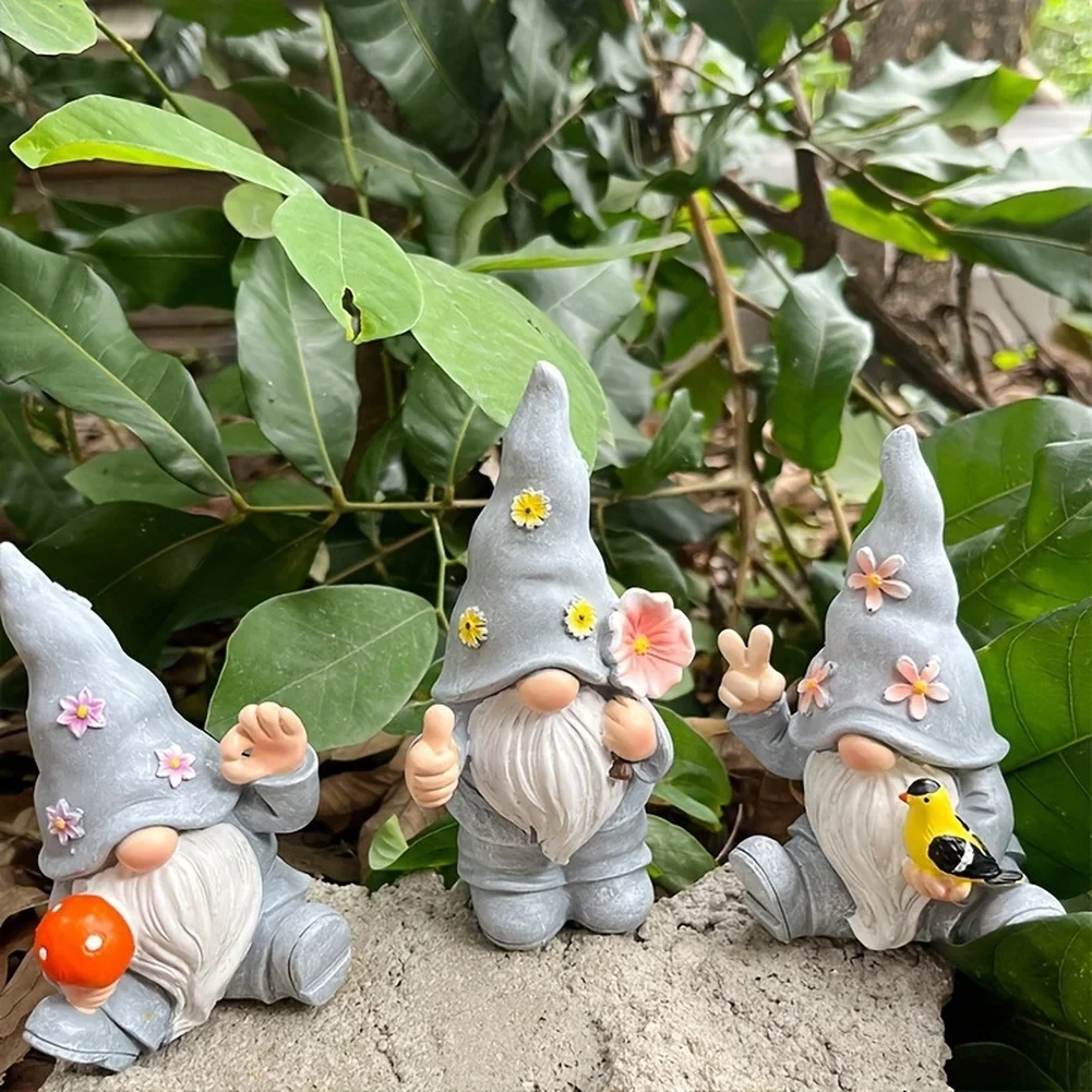 3pcs Resin Garden Gnomes for Outdoor Indoor Decor Tabletop Shelf Yard Ornament Gray Size 7.5x6x11cm 6.5x5.3x13.2cm