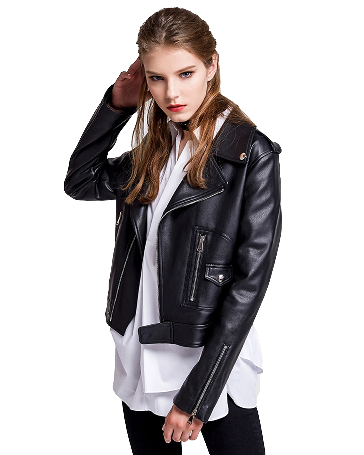 Women\'s Classic Faux Leather Moto Jacket Casual Pleather Jackets Short Coat