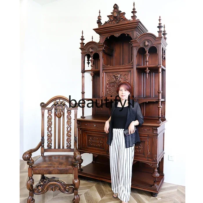G  French medieval solid wood tenon and mortise wine cabinet, decorative cabinet, American home retro, entrance cabinet