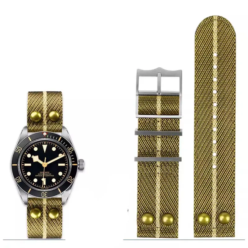 Retro With Rivets Nylon Watch Strap for Tudor Bronze Copper Flower 1958 Black Shield Hamilton Black Gold Watchband 22mm