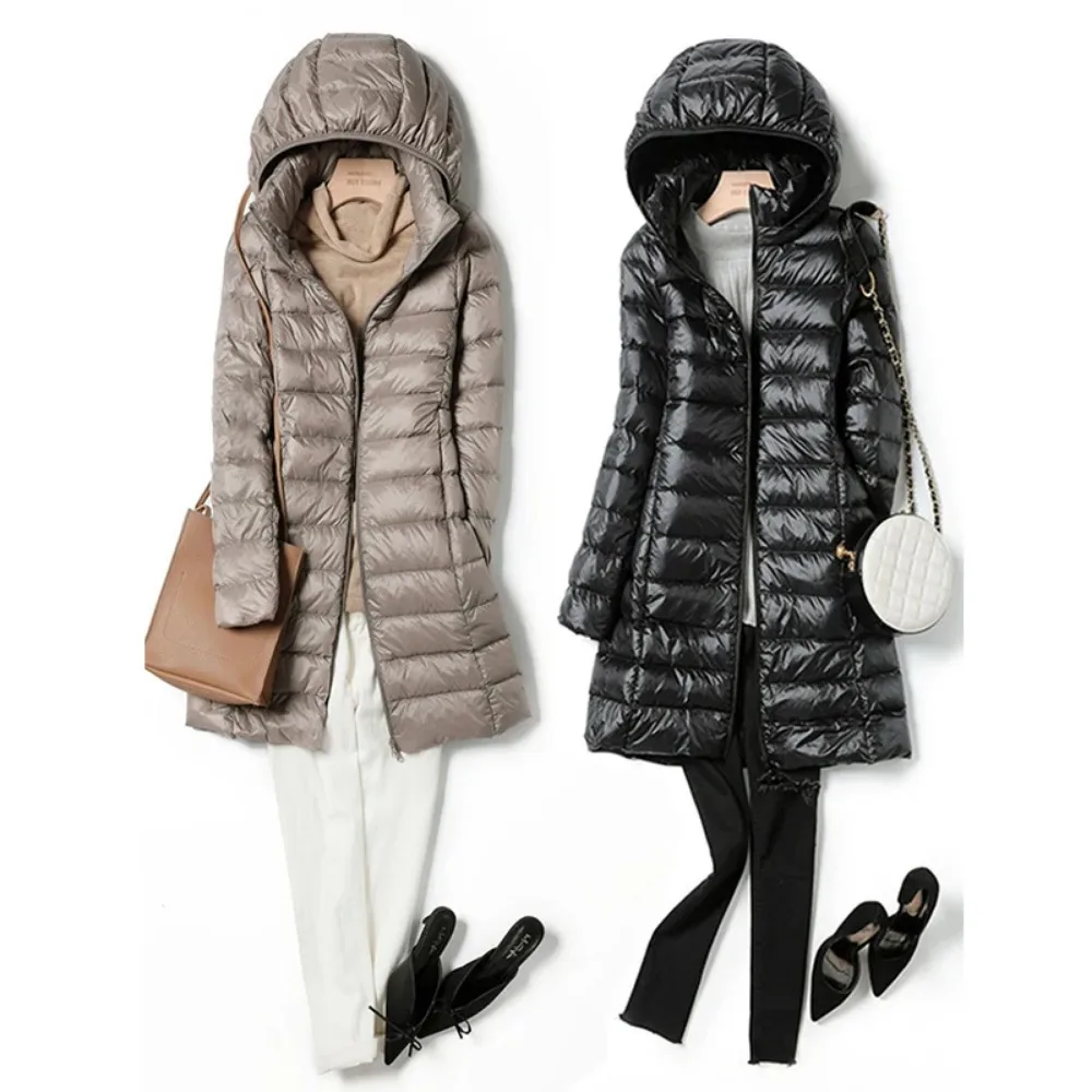 

Light Down Coat Women X-long Office Lady Hat Detachable Puffer Jackets Spring Autumn Winter White Duck Down Coat Warm Pockets