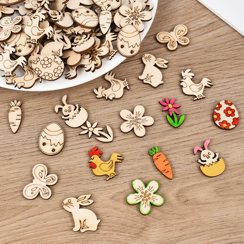 50/100 Stück Ostern Holzhandwerk Ornament Kaninchen Eier Kinder Malerei DIY Holzscheibe 2025, Frühling Ostern Party Home Tischdekoration – Detail 3