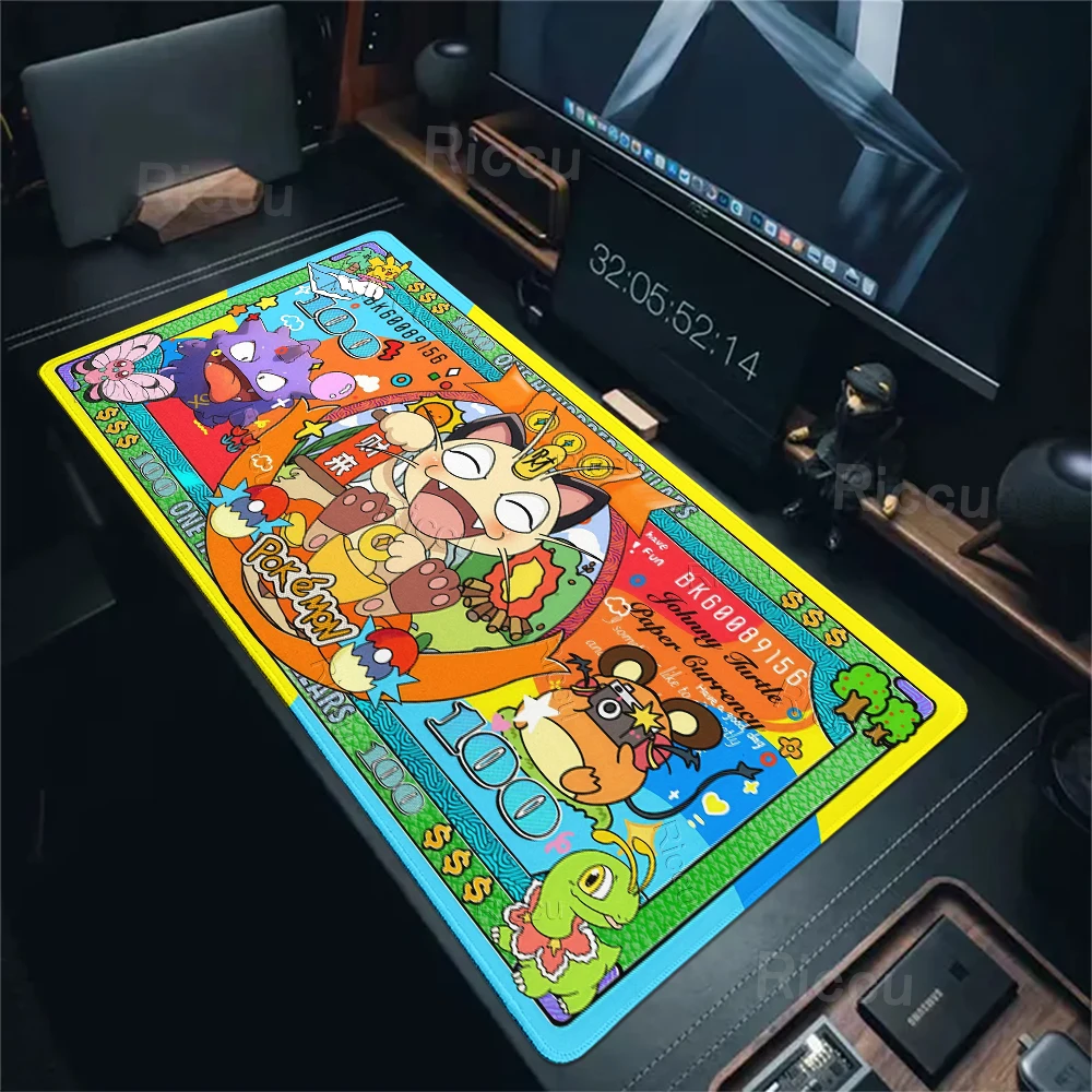Mauspad PC Bunter Banknoten-Stil Gamer-Schreibtischunterlage XXL Pokemon Tastatur-Gummiteppich Bürozubehör Kantengesäumter Teppich