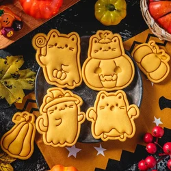 Halloween DIY Cookie Moulds Cartoon Ghost Pumpkin Cat Cookie Stamp Fondant Cake Decoration Tools Hand Pressure Plastic Biscuit