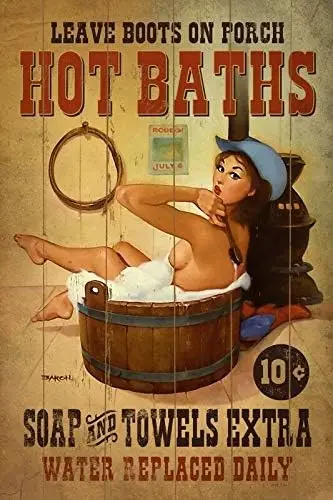 Vintage Hot Baths Country Western Old West Cowgirl Pin Up Girl Sexy Girl Man Cave Metal Tin Sign Home Bar Kitchen Restaurant Wal