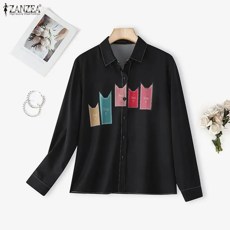 

ZANZEA Women Fashion Tops Elegant Blouse Long Sleeve Print Office Lady Shirt 2026 Autumn Spring Lapel Casual Loose Blusas Female
