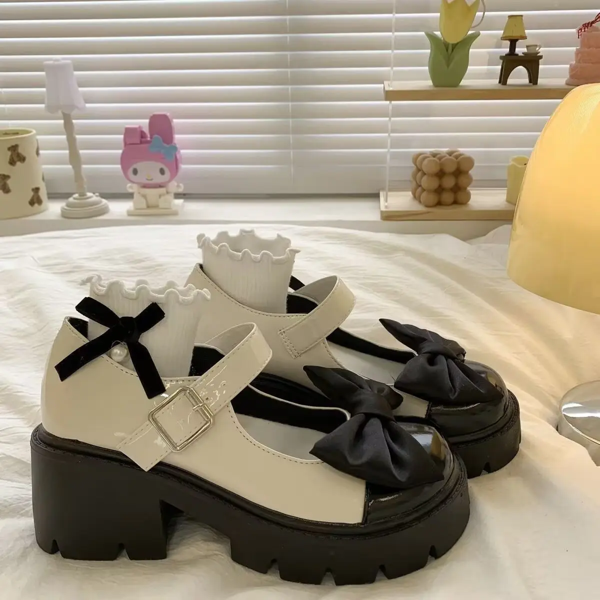 

New Summer Women's Mary Jane Shoes Design Sense Niche Color Block Bow Knot Single Strap Chunky Heel Height Increasing Thick Sole