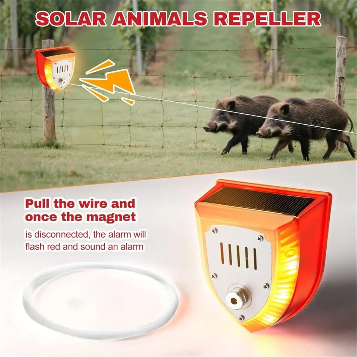 Solar Powered Alarm, 129dB Sound and Light Siren Portable Early Warning Alarm for Outdoor Yard Cabin and Property Safety