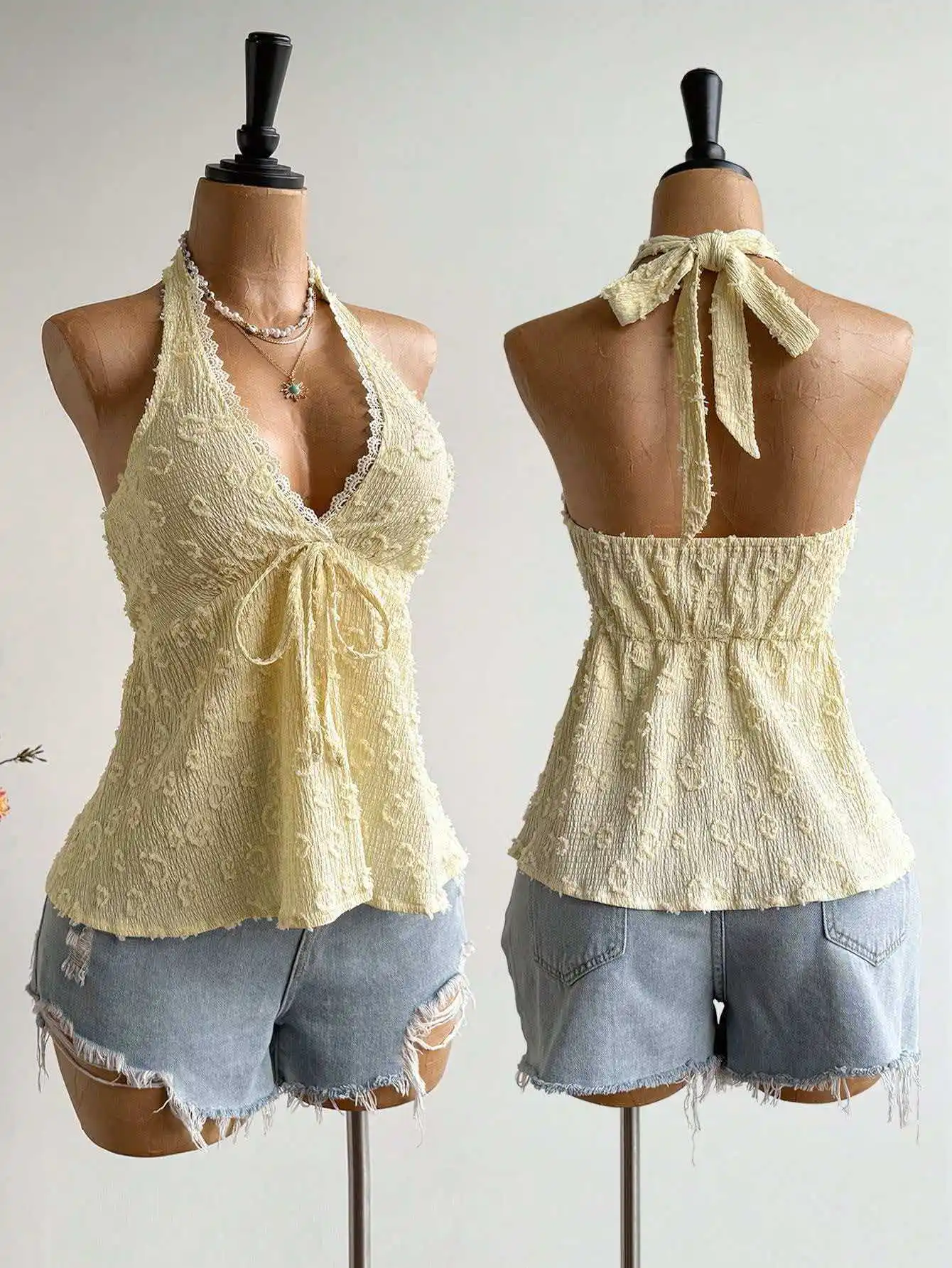 Women's Tanks Camis women's Swiss polka dot textured backless camisole top with bow tie hanging neck camisoles vests tops T-shir