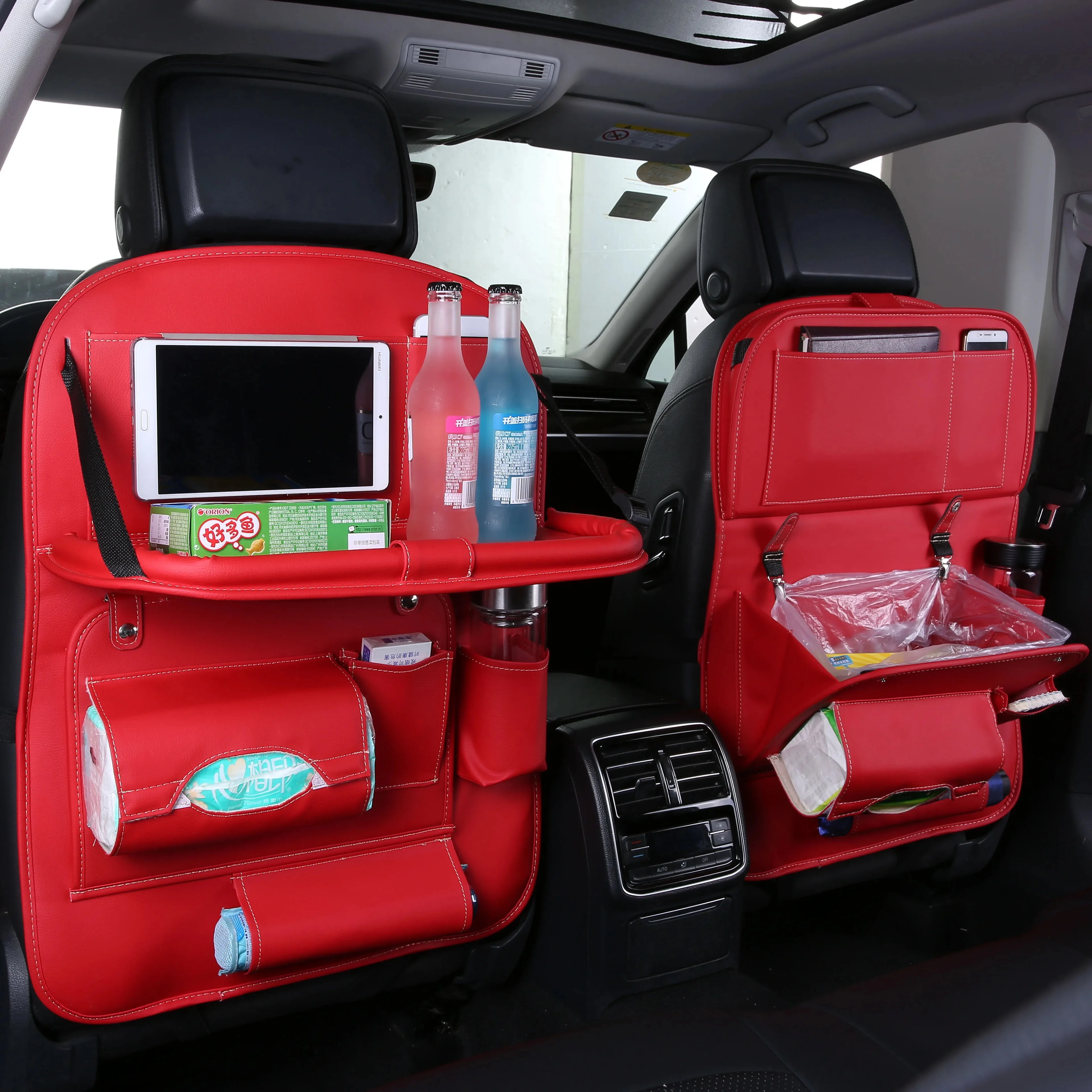 منظم خلفي لمقعد السيارة متعدد الوظائف مع سلة المهملات وجيوب التخزين وحماية الركل