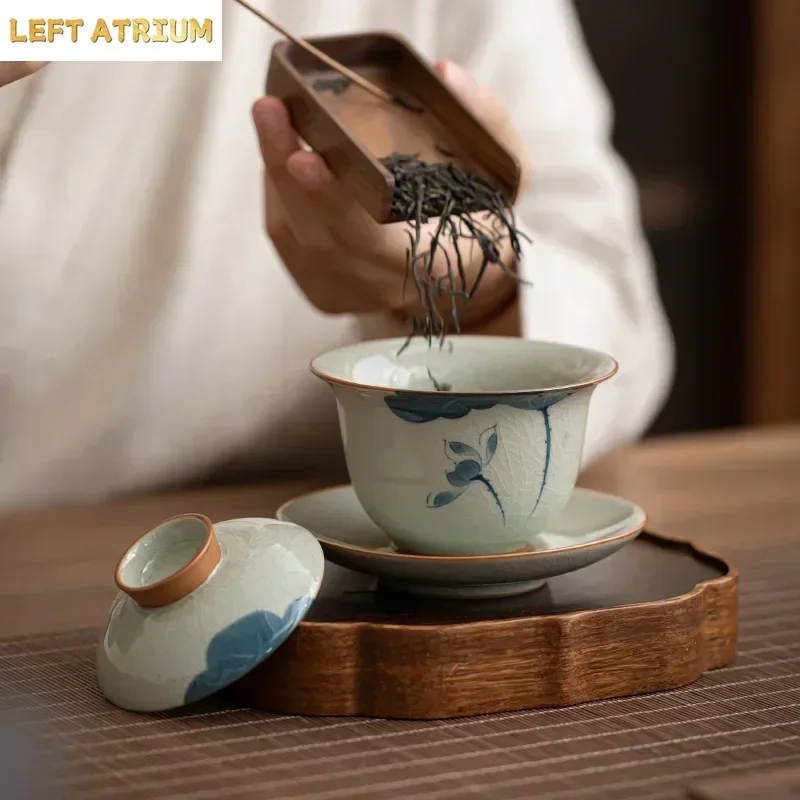 Retro Hand-Painted Gaiwan Tea Cup, Ge Kiln, Single Teaware, Non-Scald, Tea Brewing Bowl,  High-End, Household,Master Tea Set