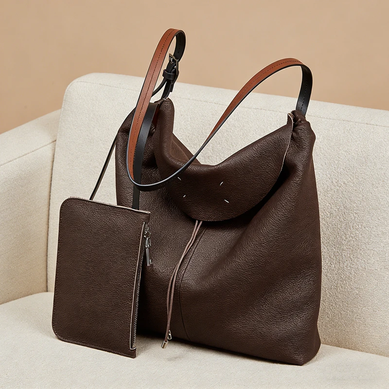 HIFASHION Cow Genuine Leather Hobo Tote Bags With Zipper Pouch Soft Bucket Crossbody Shoulder Bags Daily Work Shopping Handbags