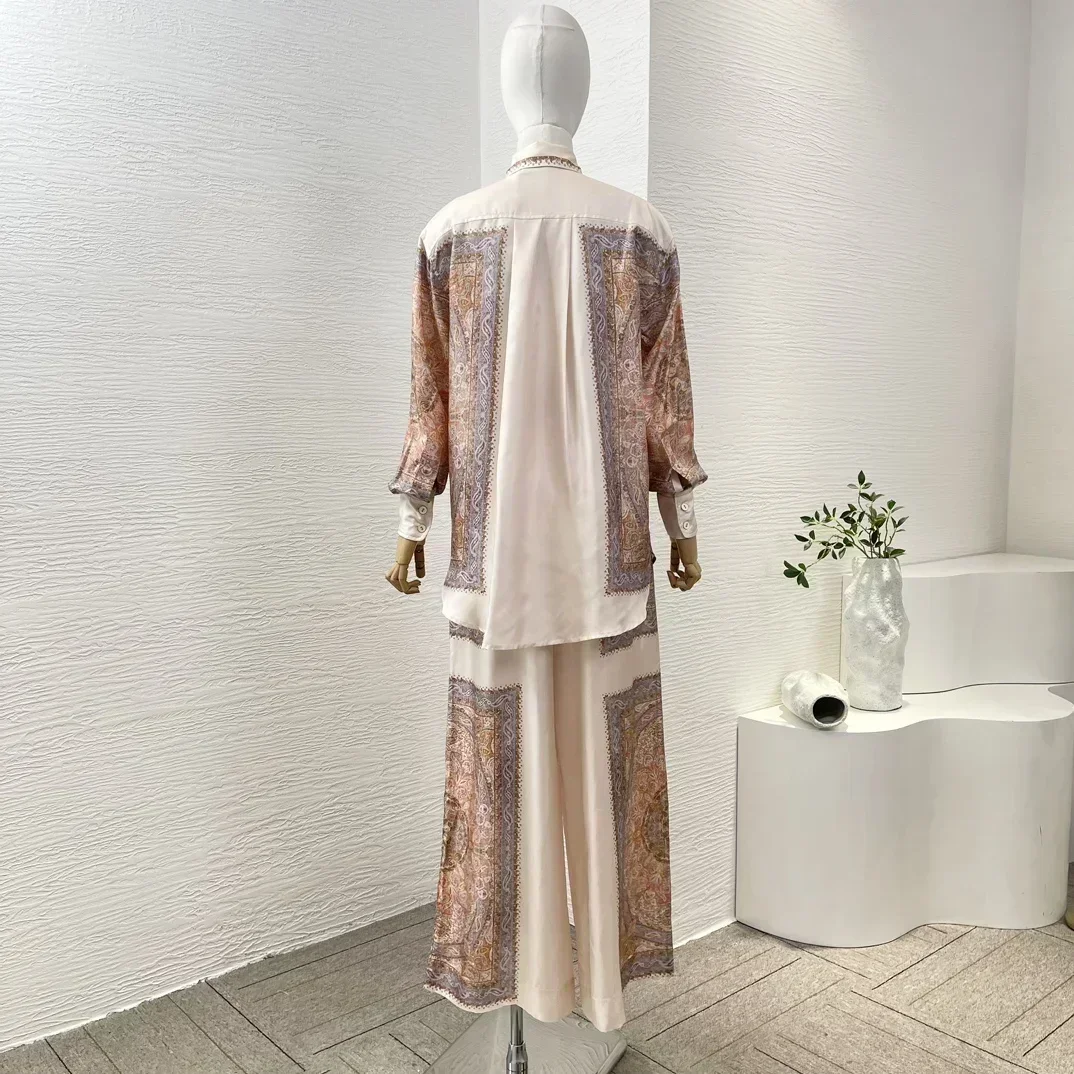 Paisley Twill Silk Re-tro Summer Autumn Women Latest New Full Sleeve Blouse and Wide-leg Pants Loose Holiday Set