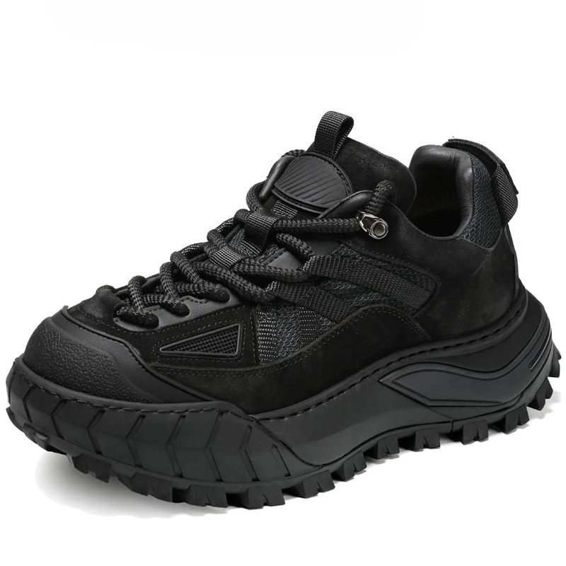 Horsehide Splicing High-end Fabric Breathable Men's Thick Sole Height Increasing Daddy Shoes Outdoor Fashion Sports Casual Shoes