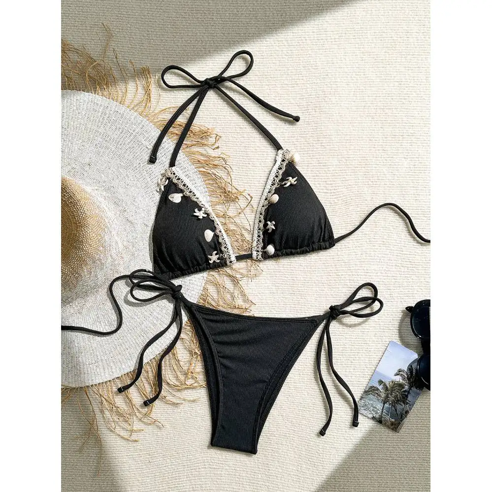 Cikini Women's Starfish & Shell Decor Halter Tie Bikini Set, High Waist Tie Triangle Bottoms, Beach Swimsuit