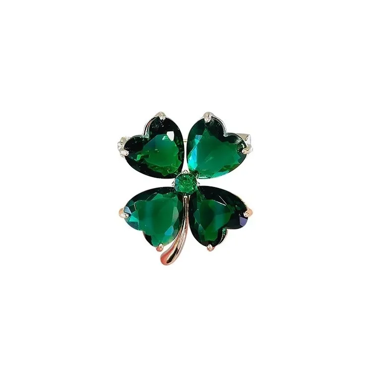 Pines 24 New Green Zircon Inlaid Four Leaf Clover Brooch for Women's High-end Sense Suit Jacket Chest Flower Fixed Clothes Pin