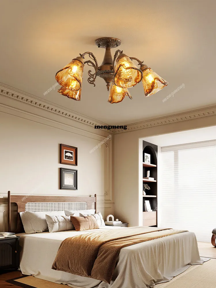 Pre-owned ceiling lamp glass, American vintage countryside pastoral hall light, designer high-end bedroom lamp
