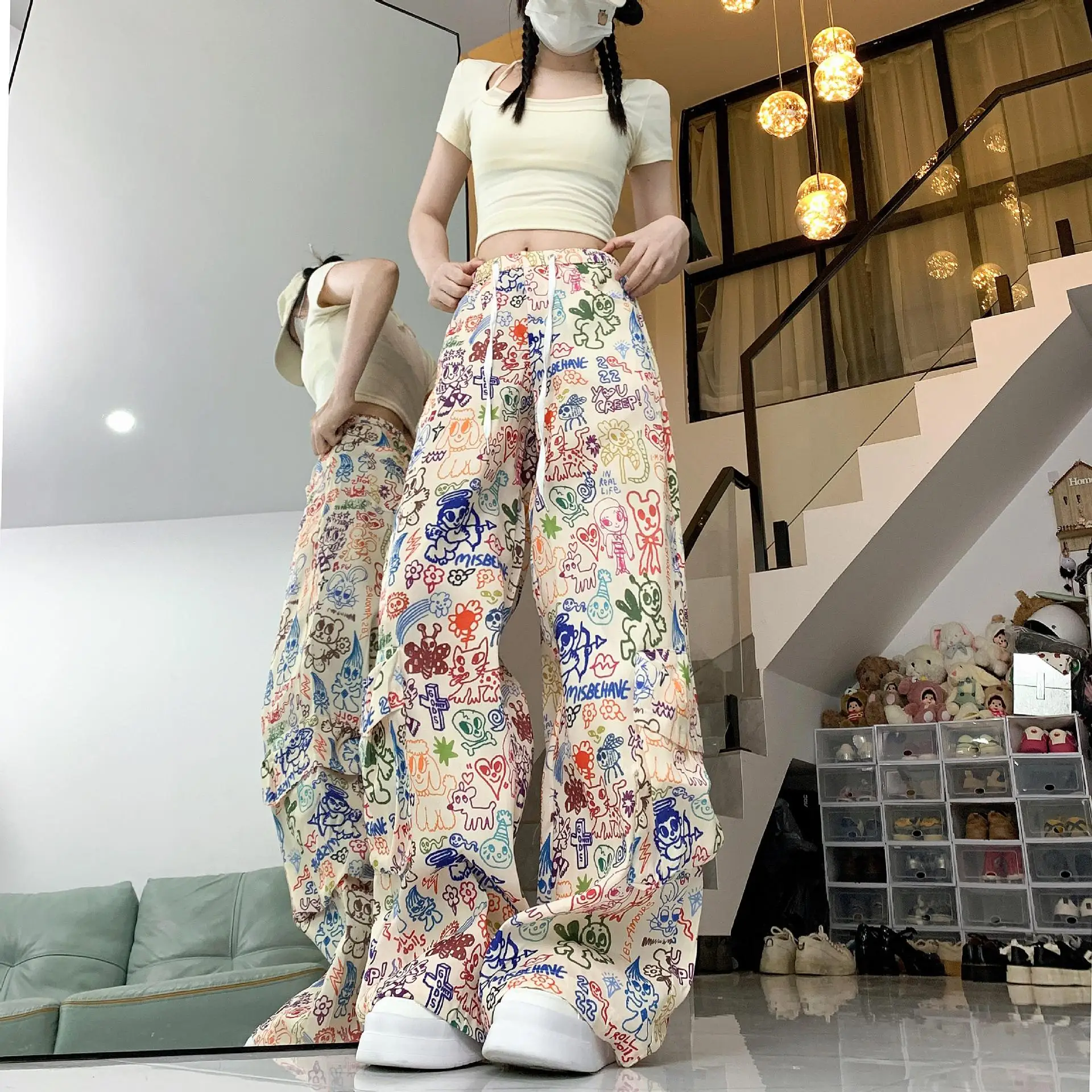 Retro Workwear Casual Pants for Women 2026 New Printed Wide Leg Pants Loose and Slimming Straight Leg Mop Pants Printed and Dy