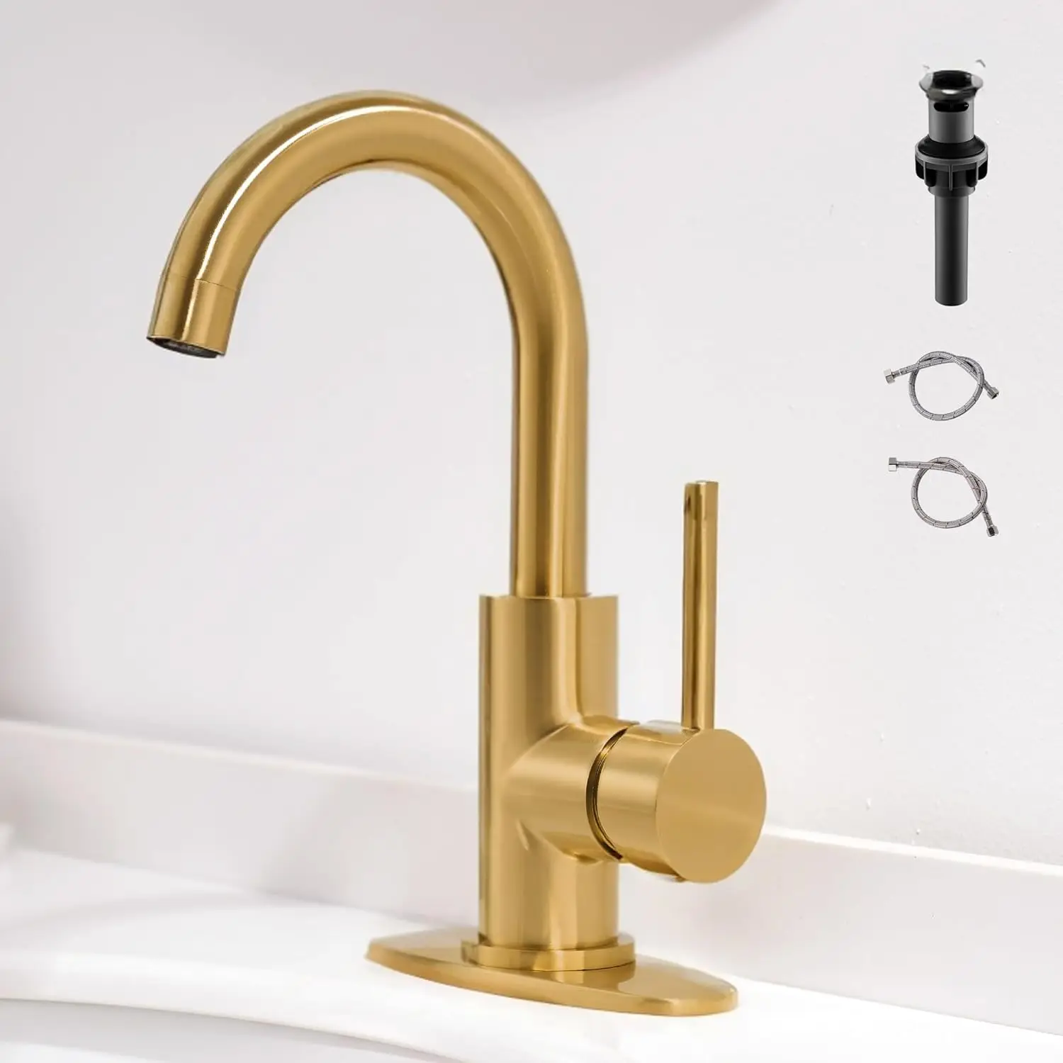 

Gold Bathroom Faucets - Single Hole Waterfall Vanity Sink Faucet with Drain Assembly, Brushed Gold Waterfall Bathroom Faucets 36
