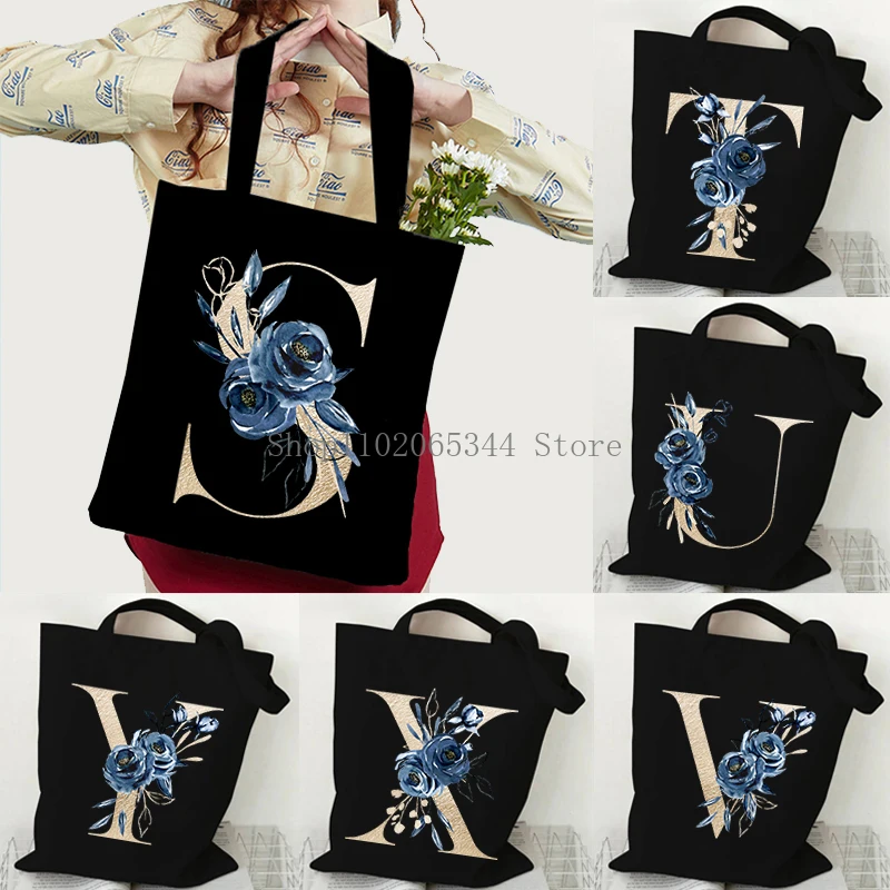 Golden Letter Blue Rose Pattern Women's Handbags Vintage 26 Alphabet A B C D Series Shopper Shoulder Bag Fashion Y2K Tote Bags