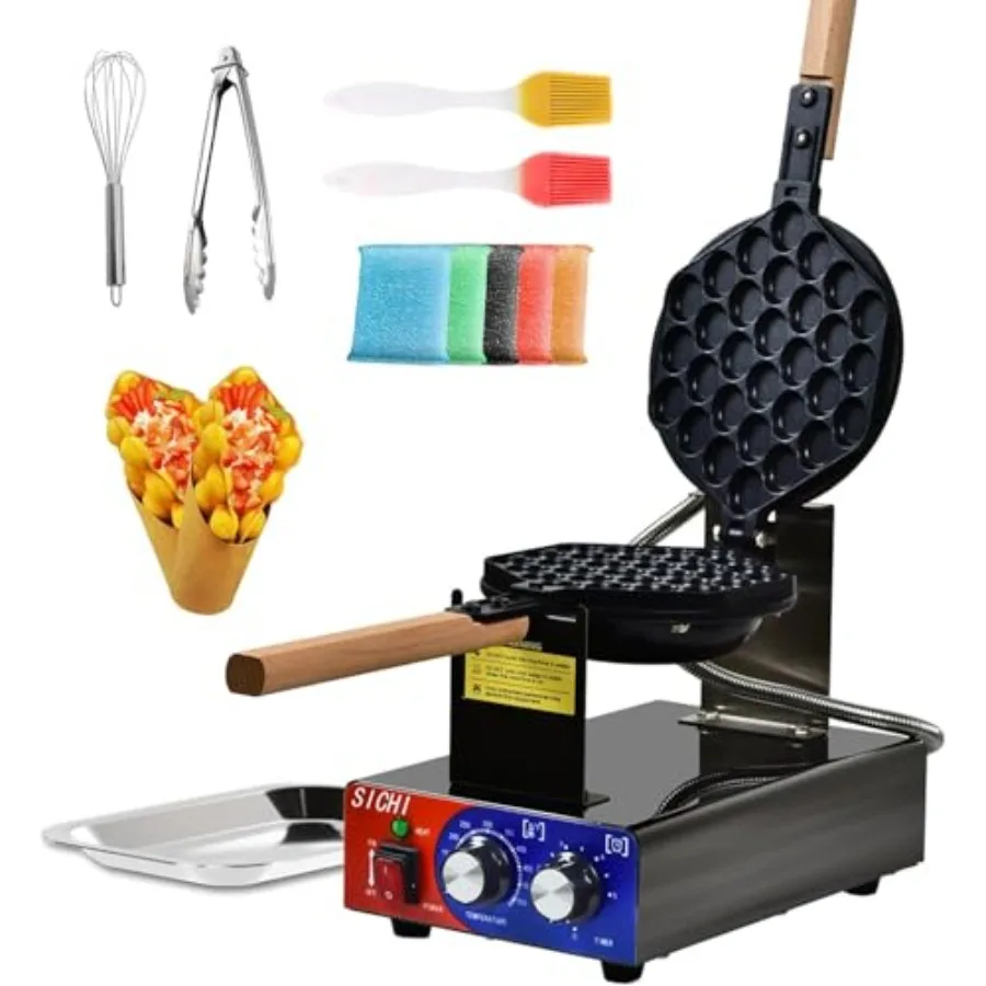Kommerzieller Bubble-Waffeleisen 1400W Antihaftbeschichtetes Edelstahl-Eierwaffeleisen mit Temperatur- und Timer-Steuerung Rotierendes Backgerät