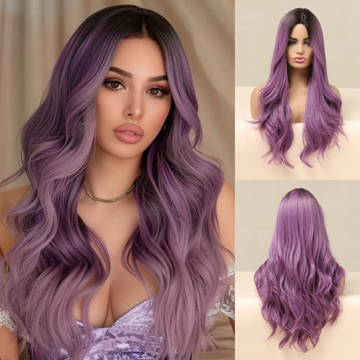 

Hot-selling cosplay full headgear medium point gradual change purple big wave temperament smooth European and American wig woman