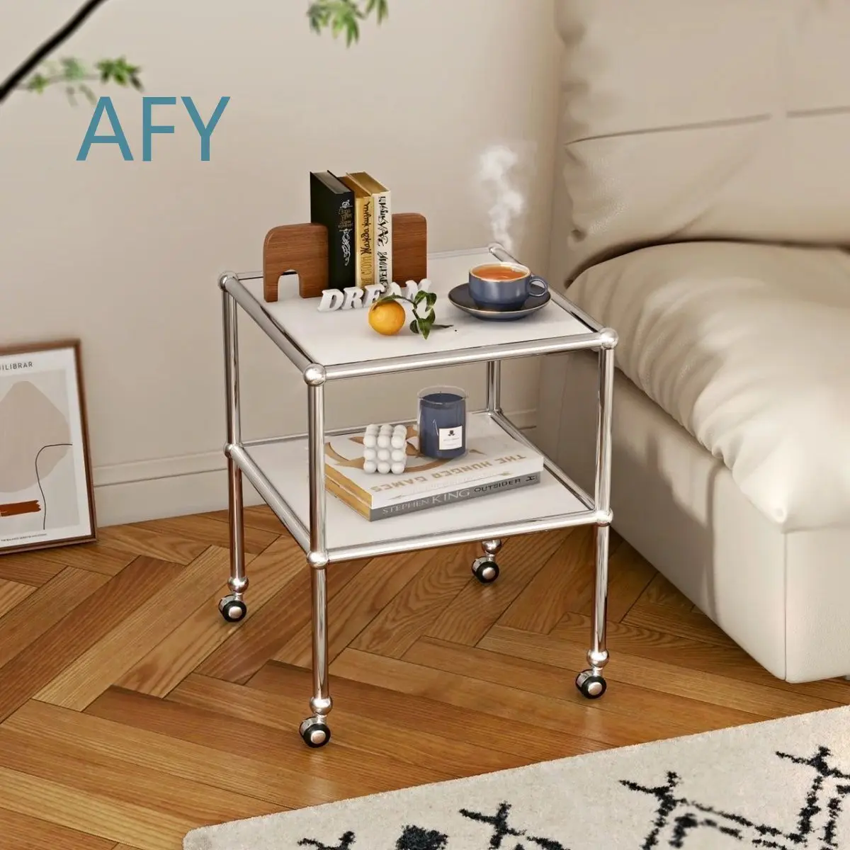 Mid-Century Stainless Steel Rolling Cart for Home Office Bedroom Living Room 2-Tier Mobile Sofa Side Table Bedside Table