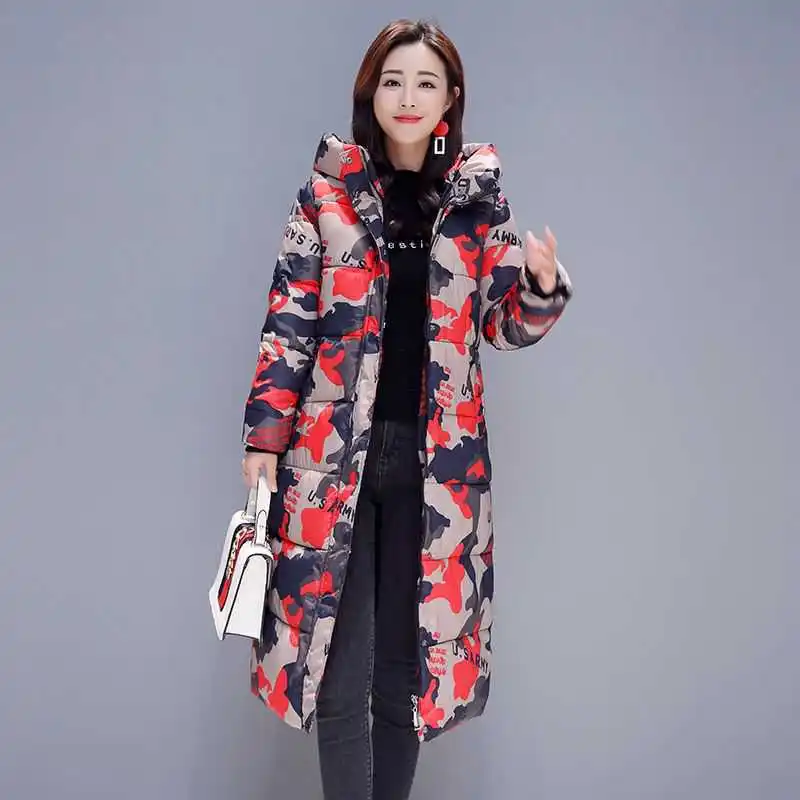 New Fashion Cool Camouflage Print Long Jacket for Women Bubble Coat Winter Thick Warm Outerwear Puffer Overcoat