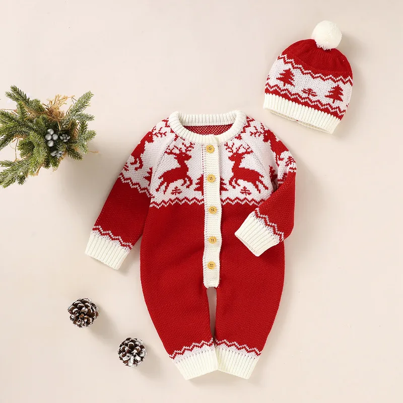 0 to 18 Months Christmas Baby Girl Boy Sweaters Rompers Casual Long Sleeve with Hat Fawn Knitted Single-breasted Jumpsuit