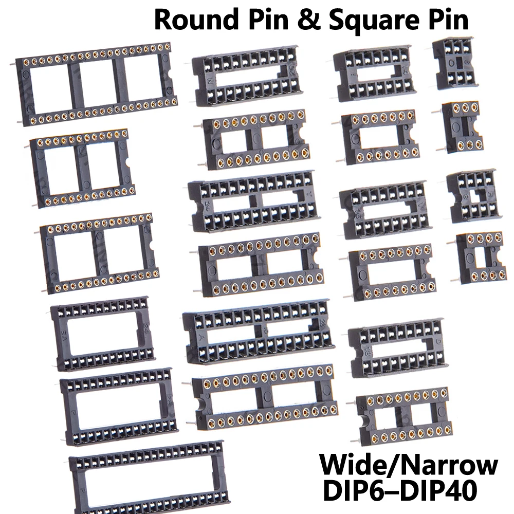 80PCS/60PCS/ 34PCS  DIP IC Socket Assorted Sizes DIP6–DIP40 Round Pin & Square Pin Narrow / Wide Type for PCB DIY Electronics