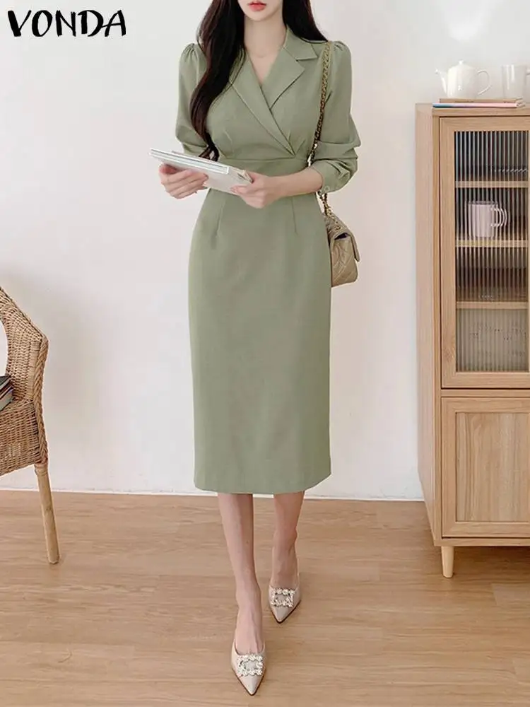 

2023 Vintage Solid Color Long Dress VONDA Women Shirt Dress Casual Lapel Neck Long Sleeve Waist Sundress Summer Vestidos Femme