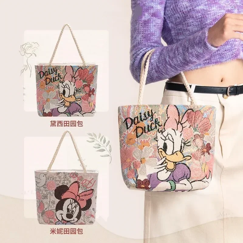 Disney-Bolsa de um ombro com zíper, Minnie Mouse, pato Margarida, retro, pastoral, estilo princesa, elegante, bolsa versátil, presente