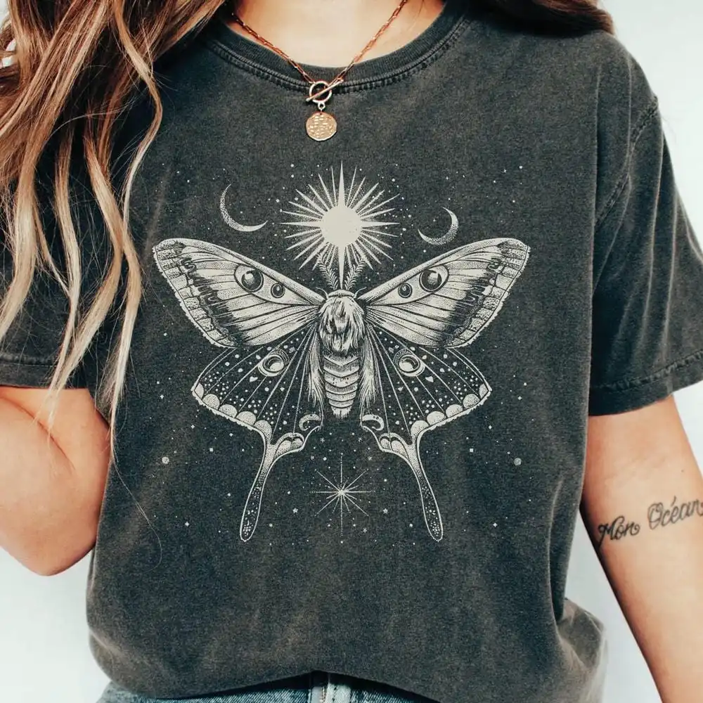 Moth Comfort Shirts Dark Academia Celestial Whimsigoth Forestcore Bookish Casual Short Sleeve Shirt Y2K Unisex Top Streetwear