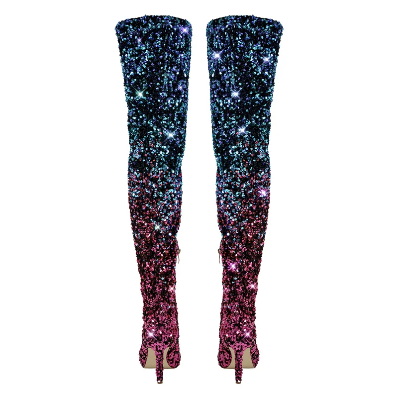 Onlymaker Women Pointed Toe Bling Glittery Over The Knee Boots Gradient Color Sequins Stiletto Female Boots