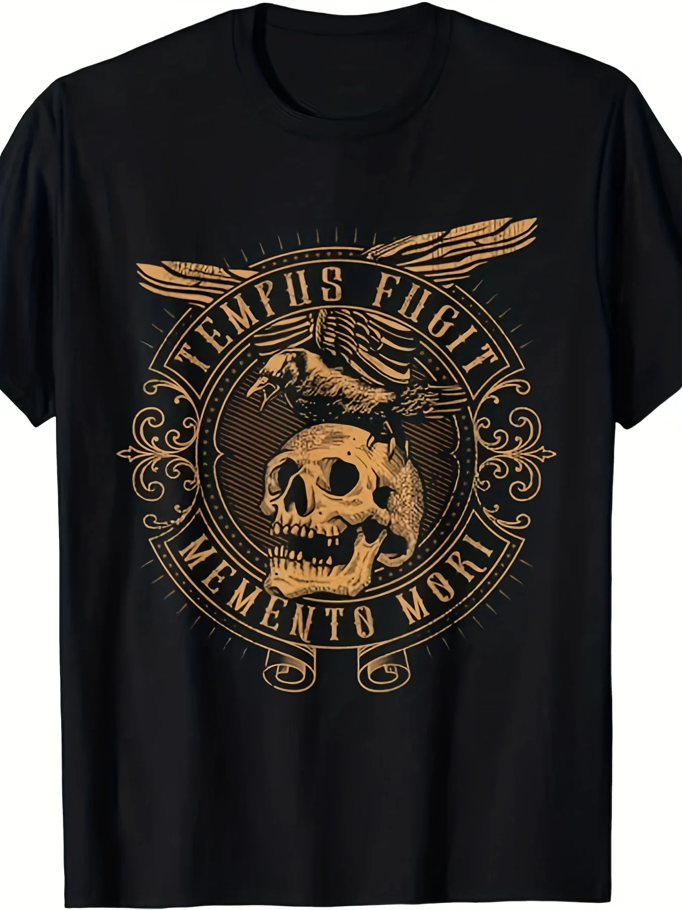 Vintage Tempus Fugit Memento Mori Skull & Wings Graphic T-Shirt 100% Cotton O-Neck Short Sleeve Summer Casual Mens T-shirt