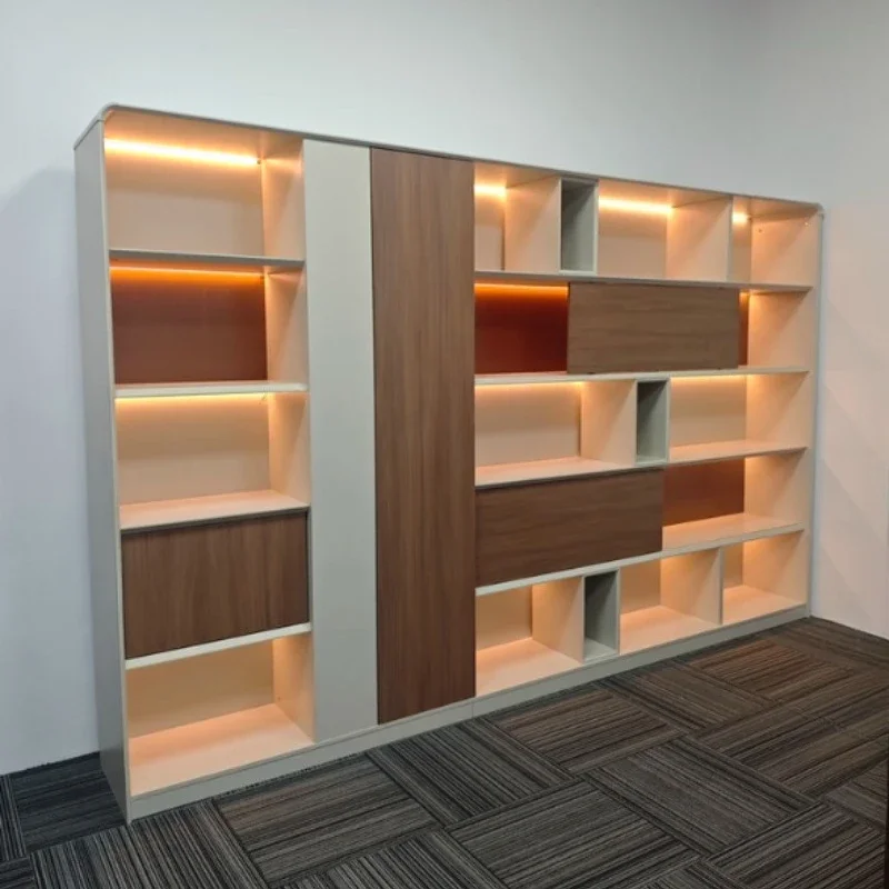 Display Bookcase Light Belt Floor Cabinet Office Storage|-f-| Cabinets And Shelving Background File Cabinet Light Luxury Wood