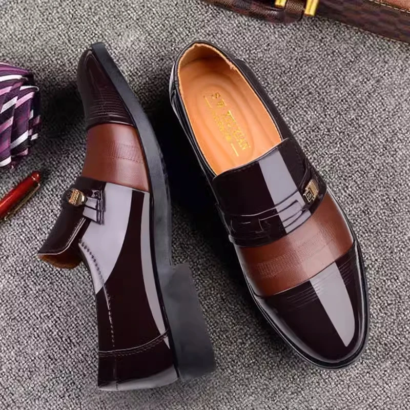 Mens Formal Two Tone Patent Leather Loafers Pointed Toe Slip On Shoes With Metal Buckle Low Heel Comfortable Non Slip Breathable - Image 4