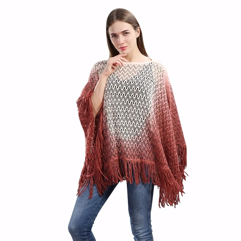 2024 Hot Sale Tassel Gradient Wave Pattern Women\'s Shawl Top Loose Plug Size Knitted Cape Ponchos Bat Sleeve Dropshipping